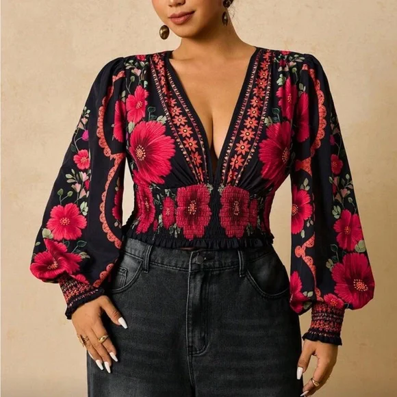 Plus Size Romantic Bohemian Floral Print Long Sleeve Tie Front Blouse Shirt - Picture 3 of 14